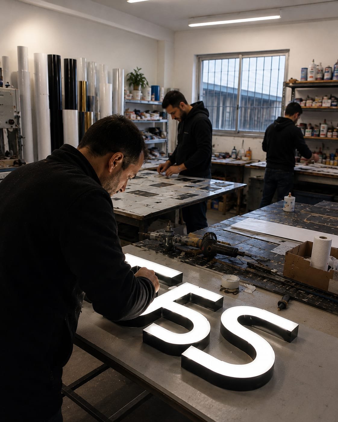 El equipo de Técnica Gráfica armando letras corpóreas iluminadas en el taller
